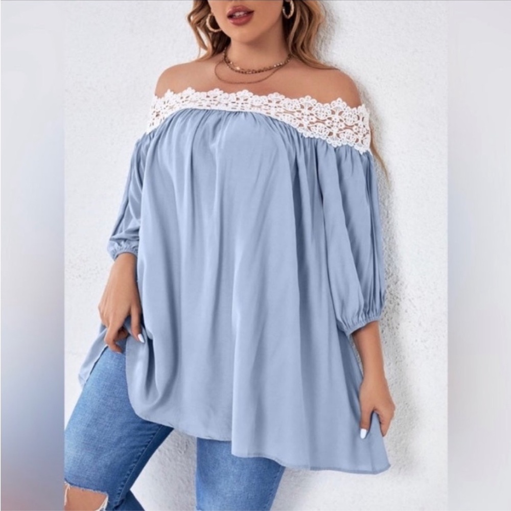 Blue and White Off-Shoulder 3/4 Sleeve Blouse - Picture 1 of 4
